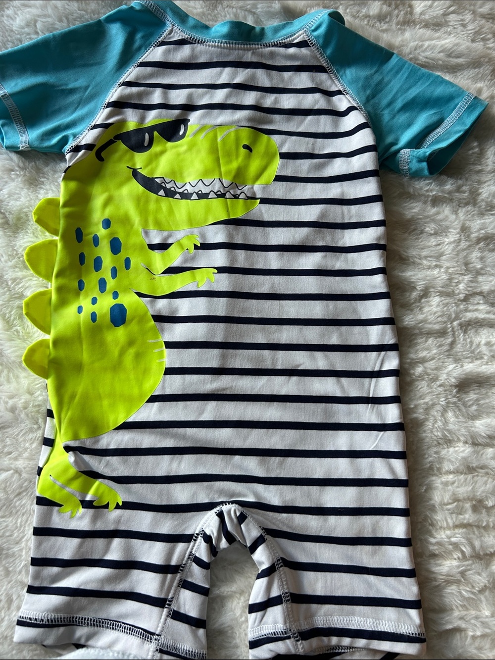 Wippette White Navy Stripe One-Piece with Neon Green Dino and Turquoise Sleeves